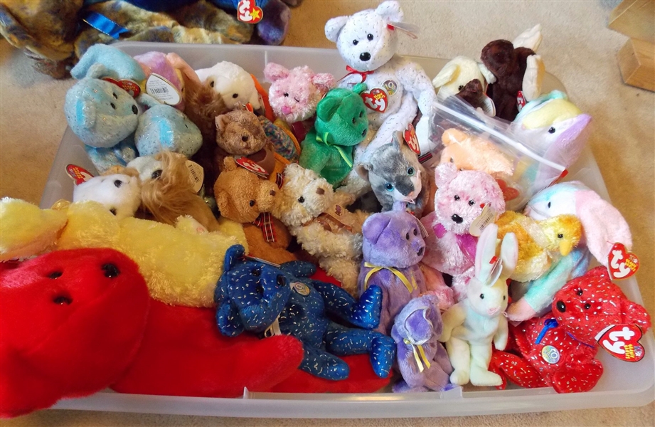 Plastic Storage Box Full of TY Beanie Bables and 1 Beanie Buddy Red Bear including Bears, Rabbbits, Moose, Cats, Etc. 31 Total  all with Original Ear Tags