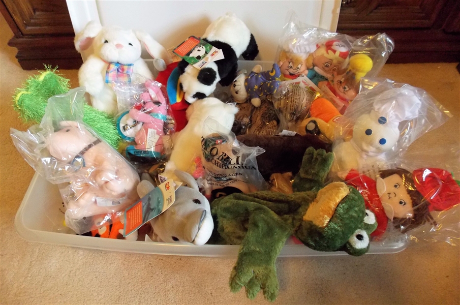 Plastic Storage Box Full of Advertising Stuffed Animals, Taco Bell, Pillsbury, Campbells, Disney, and Ty Beanie Babies - 33 Total  all with Original Ear Tags
