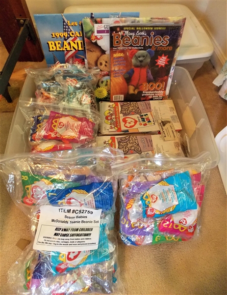 Plastic Storage Box Full of Beanie Babies - McDonalds Toys, Calendars, Books 