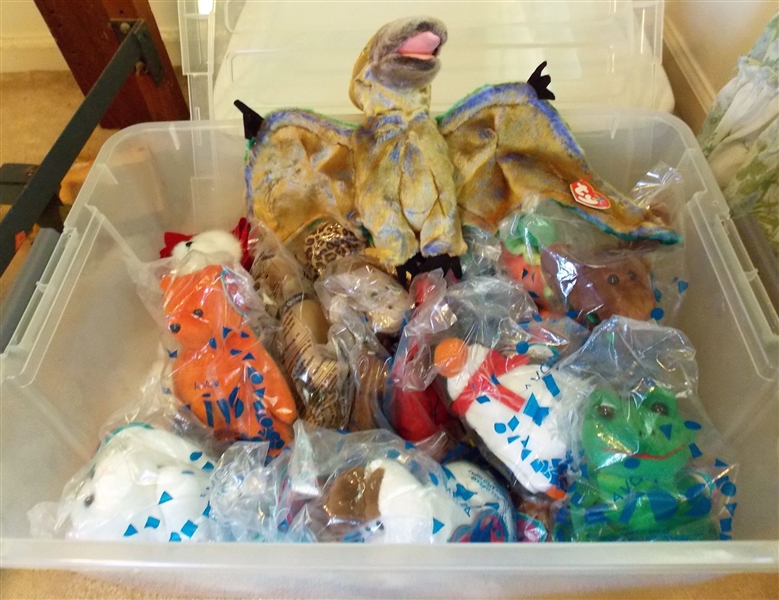Plastic Storage Box with Dragon Beanie Buddy, Boyds Bear, and Lots of Avon Bears in Plastic - 24 Bears