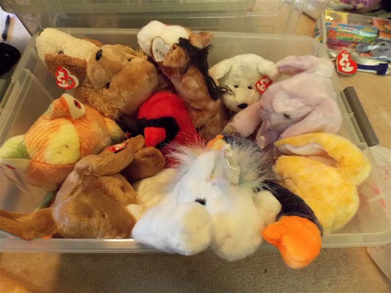11 TY Beanie Buddies including Rabbits, Frogs, Unicorns, Dogs in Plastic Storage Container
