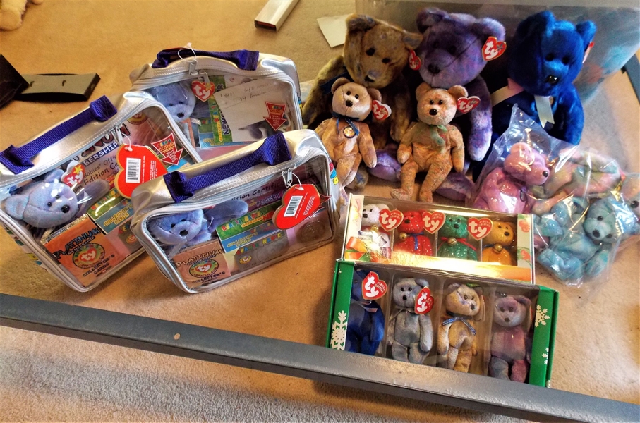 Lot of Collectors Club Beanie Babies and Beanie Buddies, Collectors Club Kits, and 2 Boxes of Jingle Beanies 