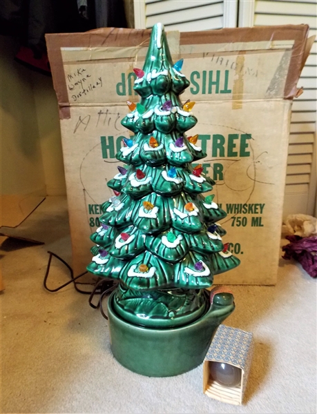 Holiday Tree Decanter - Kentucky Burbon Whiskey - Mike Wayne Distillery Co - 1970 - Ceramic Christmas Tree Music Box - Not Opened - with Original Box and Bulb