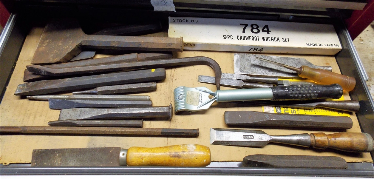 Lot of Chisels, Sandpaper, and Nut Drivers