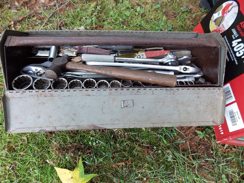 Metal Toolbox with Large Snap On Socket Set, Mac Wrench, SK Ratchet, Snap On Extensions