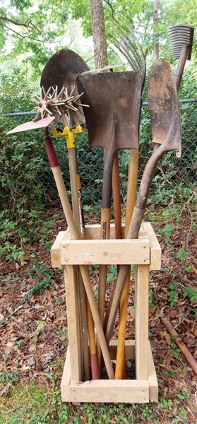 Lot of Garden Tools - Shovels, Hoe, Rake, Pitch Fork