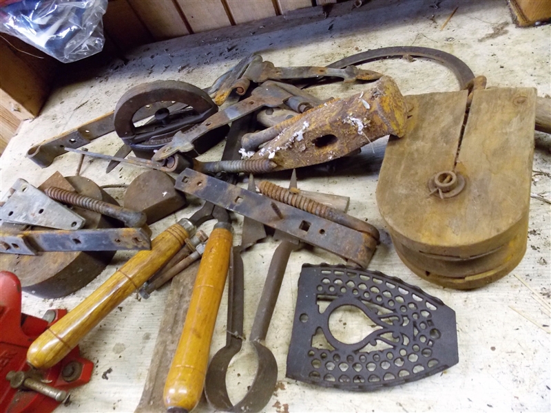 Flat Iron, Hand Tools, Wood Pulley, Hinges, Shears, Wedge, Etc.