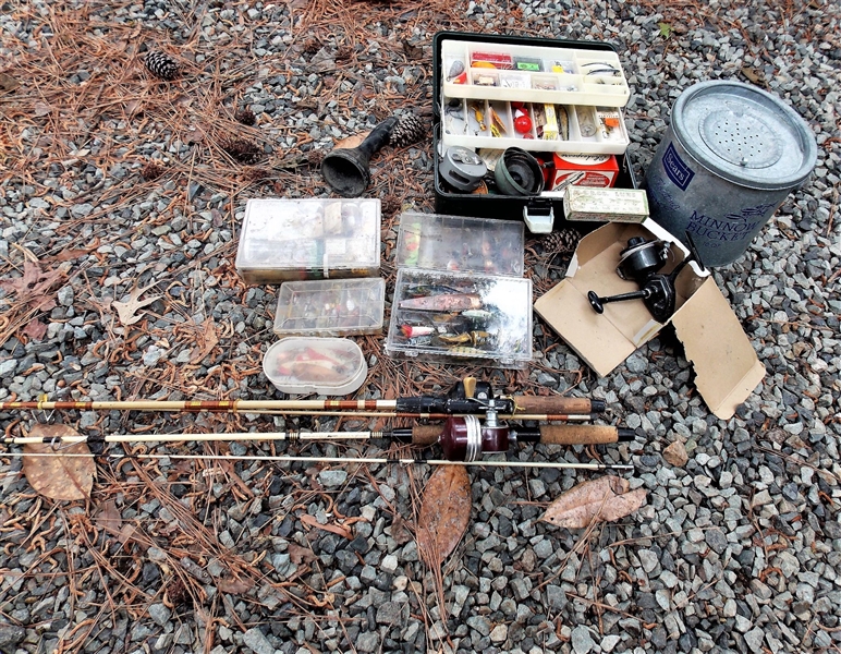 Fishing Lot including Rods and Reels, Minnow Bucket, Lures, Tackle Box, Garcia Rod, Shakespeare Reel, Etc. 