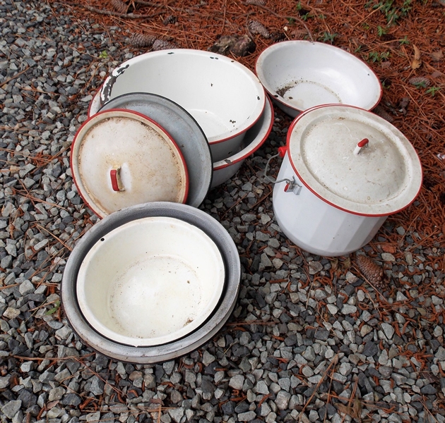 Enamelware Lot including Bowls, Pans, Bucket, and Lids