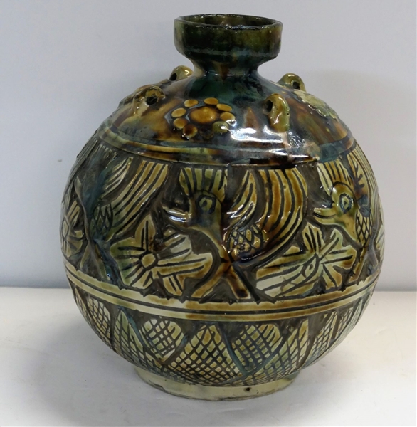 Asian Signed Pottery Vase with Birds and Flowers - Measures 8" Tall 