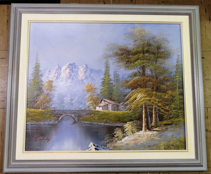 Artist Signed Emsherby? Painting on Canvas of Mountains and Cabin - Framed - Frame Measures 25 1/2" by 29 1/2" 