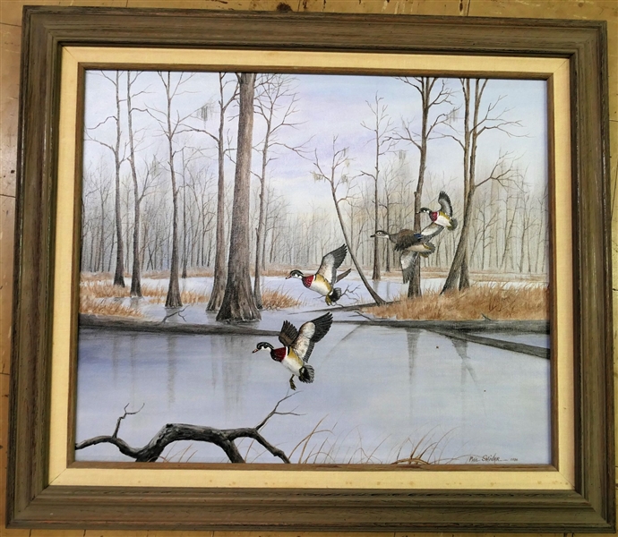 Phil Shivar 1986 - Painting on Canvas of Flying Ducks - Framed - Frame Measures 26" by 30" 