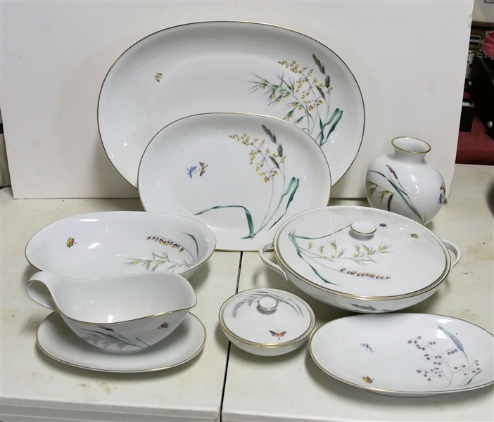 8 Pieces of H & Co Heinrich "Sommer" China including 16 1/2" Platter, 10" Covered Bowl, 6 1/2" Vase - 9 1/4" Oval Platter is Chipped 
