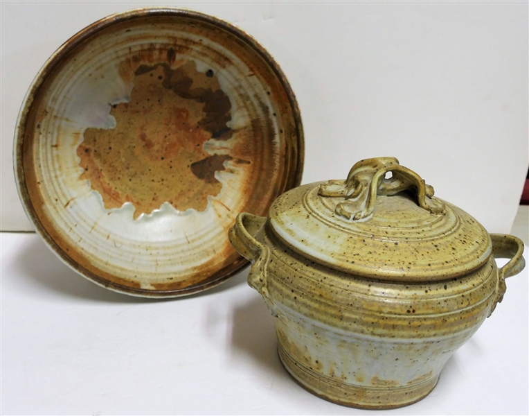 2 Pieces of Artist Signed Pottery - ...Worth - Bowl Measures 5 1/2" tall 12 1/2" across Lidded Piece 8" Tall 