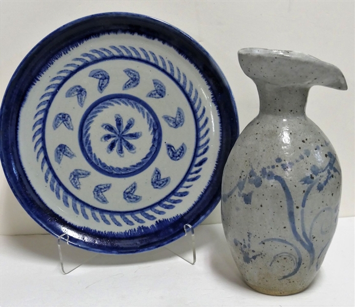 2 Pieces of Grey Art Pottery with Blue Decoration - Platter Measures 13 1/4" Across and Pitcher 11" Tall 