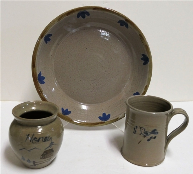 3 Pieces of Jugtown Pottery including 11" Pie Plate, Hone Jar, and 5" Mug
