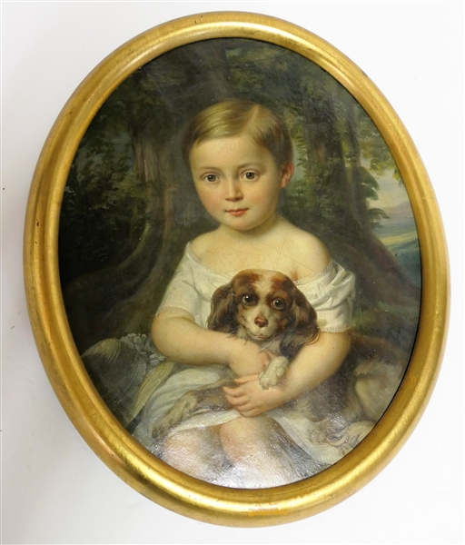 Oval Painting on Canvas of Child and Dog - Framed - Frame Measures 13" by 10 1/4" 