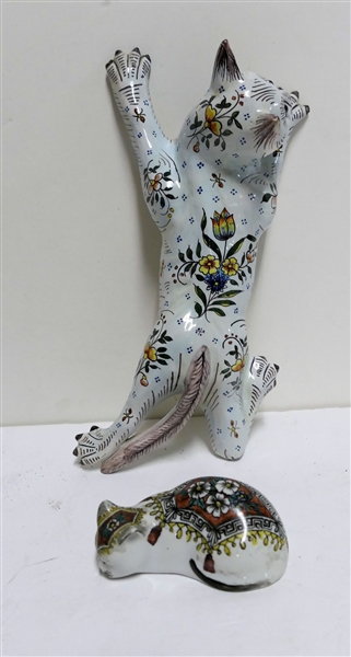 Hand Made in Italy Cat Figure 4" Long and Hand Painted Cat Wall Pocket - Some Chips on Toes - 10 3/4" Long