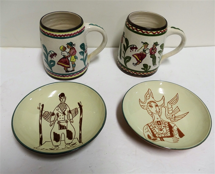 2 Ambach Bowls 6 1/4" Across and 2 Munchen Hand Painted Mugs - 5" tall 