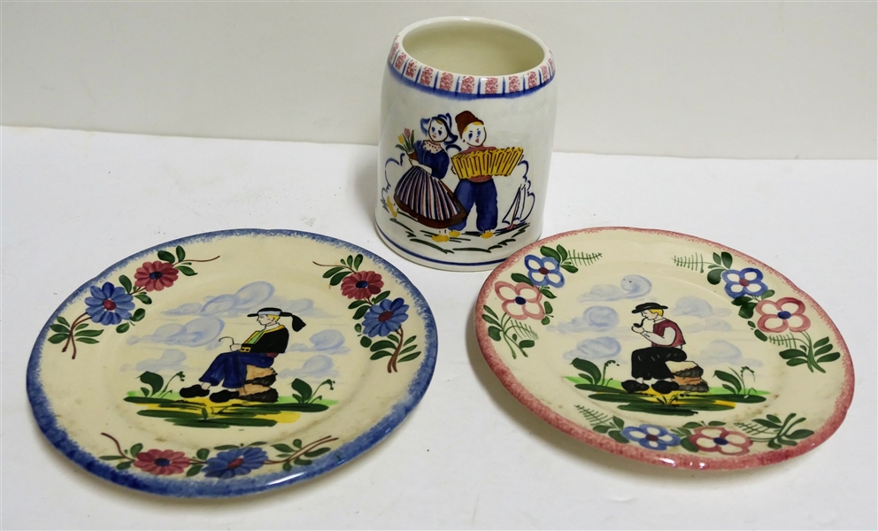 2 Desvres France Hand Painted 7 1/2" Plates- 1 Has Chip and Holland Mug