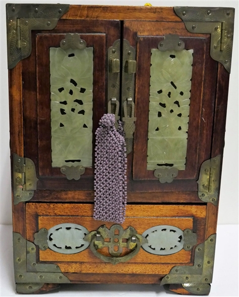 Asian Jewelry Box with Carved Stone Inset Door and Sides - Brass on Corners and Doors - Measures 9 1/2" tall 6 3/4" by 5 1/2" 