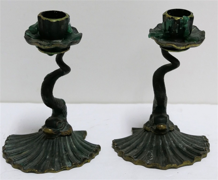 Brass Dolphin and Shell Candle Sticks - 5" tall 