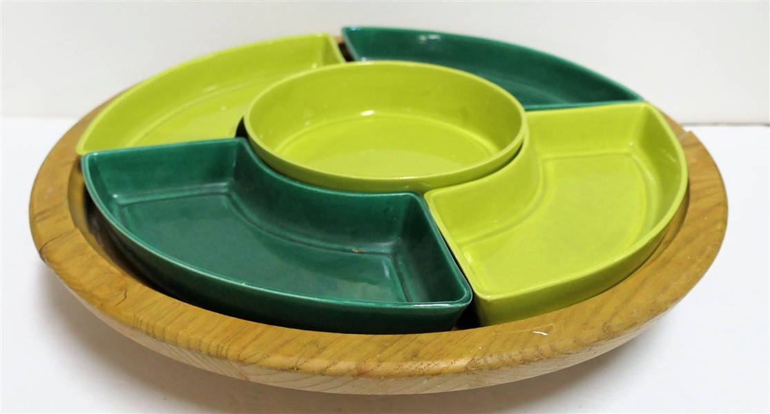 Wood Lazy Susan with Green Ceramic Inserts - 3 1/2" tall 17 1/2" Across  - Wood Has Been Repaired