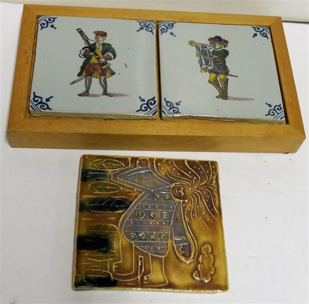 Hand Decorated Angel Tile 5 1/2" Square and 2 Hand painted Tiles on Wood Block - Overall Measures 12" by 6 1/2" 