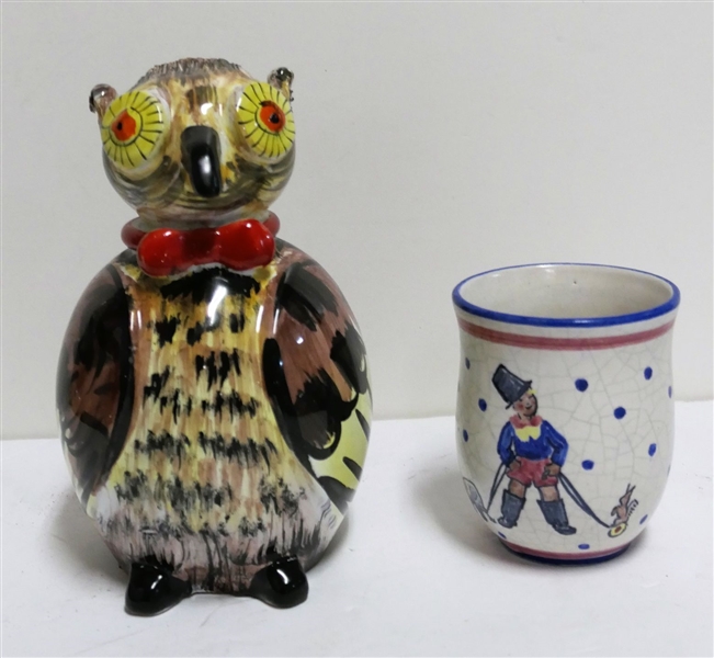 Italian Pottery Owl Bank - Signed Italy and Handmade Pottery Mug with Blue Dots - Overall Crazing - Owl Measures 6 1/2" Tall 