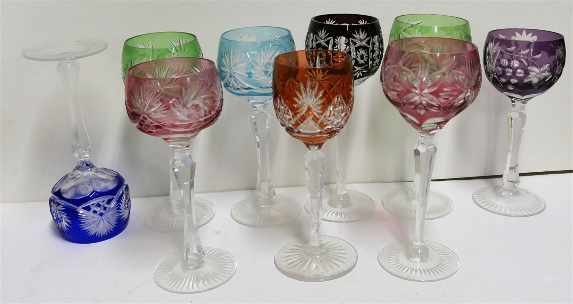 9 Bohemian Cut to Clear Goblets - 1 Is Damaged - Pictured Upside Down - Measuring 8 1/2" tall 