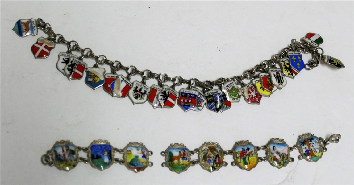 Charm Bracelet with Sterling Silver Enamel Country Charms and Sterling Enamel Bracelet with Scenes - Needs to Be Repaired