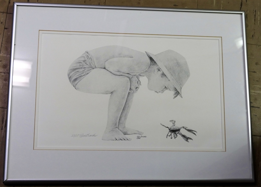 Ned Brooks 1982 Pencil Signed and Numbered 33/50 Print of Boy with Crab- Framed and Matted - Frame Measures 16 1/2" by 22"