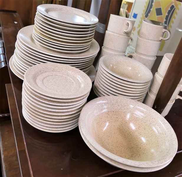 60 Piece Set of Homer Laughlin USA China - Cream with Brown Specks including 2 - 8 1/2" bowls, 12 - 10 1/4" Plates, Bowls, Cups and Saucers,