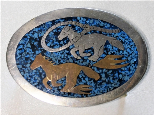 Hecho en Mexico Turquoise Inlay Belt Buckle with Horse and Bird - Buckle Measures 2 1/4" by 3 1/2"