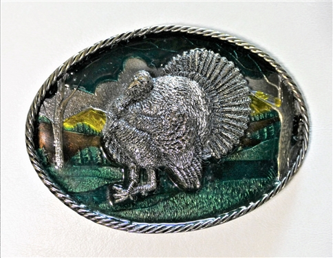 Turkey Buckle with Enamel Forest - by The Great American Buckle Co. - Made in USA - Number 475 - Measures 3 3/4" by 2 3/4"