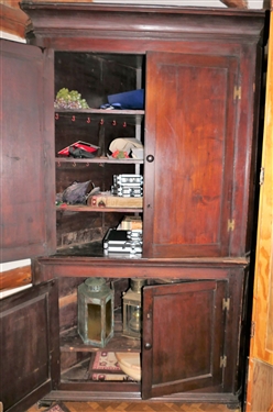 Walnut Pegged Corner Cupboard with Pine Secondary Wood - 4 Blind Doors - Hand Planed Back - Replaced H Hinges - Measures - 84 tall 46 by 24 Missing Trim Piece, Top Crown Side Piece, and...