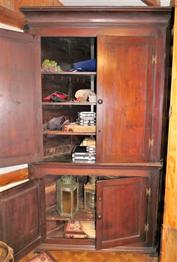 Walnut Pegged Corner Cupboard with Pine Secondary Wood - 4 Blind Doors - Hand Planed Back - Replaced H Hinges - Measures - 84 tall 46 by 24 Missing Trim Piece, Top Crown Side Piece, and...