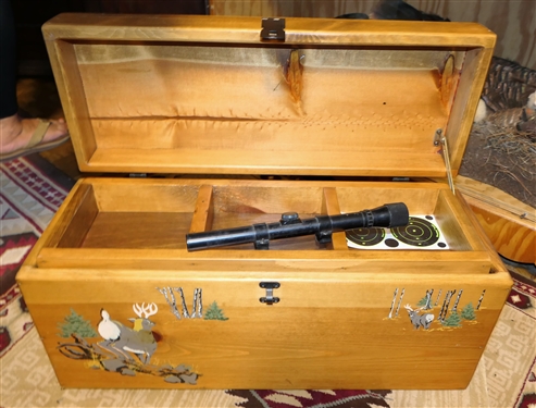 Wood Gun Box with Hand Painted Deer Scene with Tray  including Weaver D4 Scope and Sling Swivels - Measures 12 tall 24 by 9