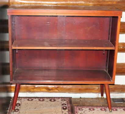 Mid Century Modern Wood Book Shelf with Sliding Glass Doors - Measures 36 tall 35 1/2 by 12