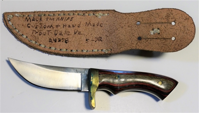 Mack the Knife Custom & Hand Made Knife - Troutdale, VA - with Leather Sheath and Nice Wood Handle - Measures 10 Long