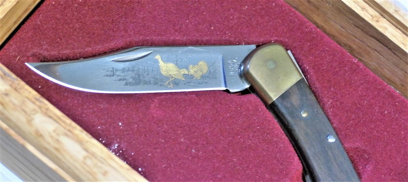 Model 110 - Turkeys in Woods Buck Knife - Number 0536 of 1000 - in Wood Case - with Marble Etched Lift Top with Turkey Design