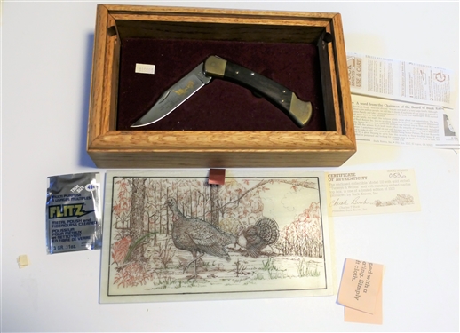 Model 110 - Turkeys in Woods Buck Knife - Number 0536 of 1000 - in Wood Case - with Marble Etched Lift Top with Turkey Design