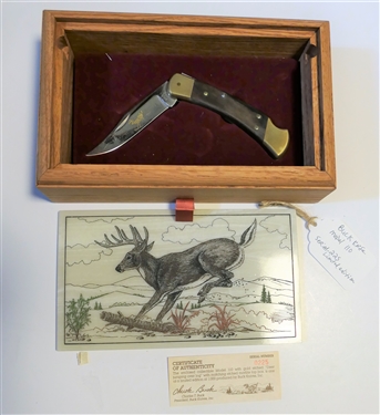 Model 110 - Deer Jumping Over Log Buck Knife - Number -0225 of 1000 in Wood Case with Marble Etched Lift top with Deer Design