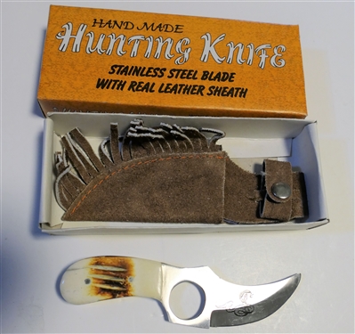 Handmade Hunting Knife with Bone Handle - Snake on Blade - with Leather Sheath - Measures 6 - In Original Box