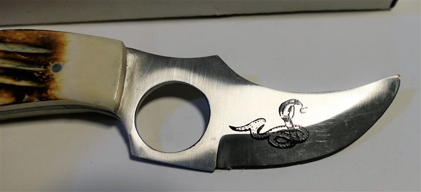 Handmade Hunting Knife with Bone Handle - Snake on Blade - with Leather Sheath - Measures 6 - In Original Box