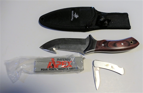 Winchester Hunting Knife in Black Sheath 10 Long, Small Buck Turkey Folding Knife - 525A, and Imperial APEX Knife in Original Cardboard Box