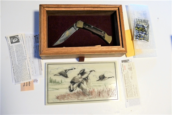 Model 110 Geese in Flight Buck Knife Number 0319 of 1000 in Original Wood Box with Matching Etched Marble Top