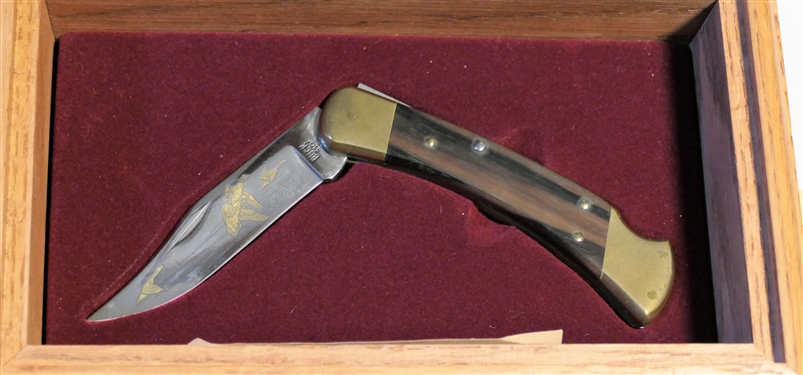 Model 110 Geese in Flight Buck Knife Number 0319 of 1000 in Original Wood Box with Matching Etched Marble Top
