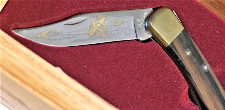 Model 110 Geese in Flight Buck Knife Number 0319 of 1000 in Original Wood Box with Matching Etched Marble Top