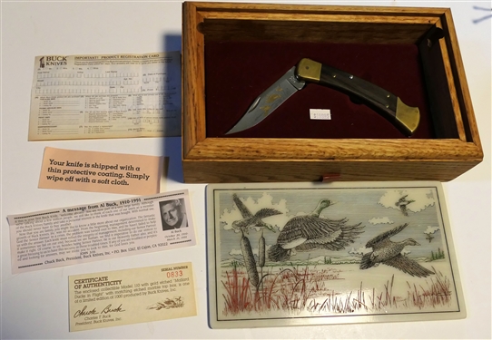 Model 110 Mallard Ducks in Flight Buck Knife in Wood Case with Matching Etched Marble Lift Top - Number 0833 or 1000